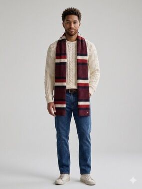 Tommy Hilfiger Navy, Red & White Block Striped Ribbed Knit Scarf Preppy